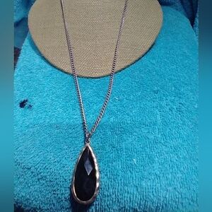 Elegant Black Goldtone Faceted Pendant Chain Necklace long vintage teardrop